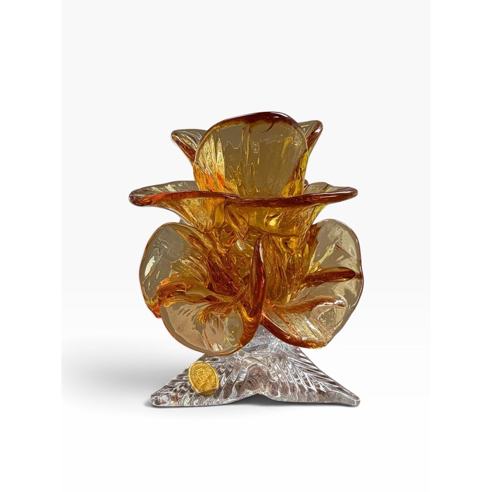 Vintage Arte Murano ICET Amber Honey Art Glass Flower Sculpture MCM Foil Label